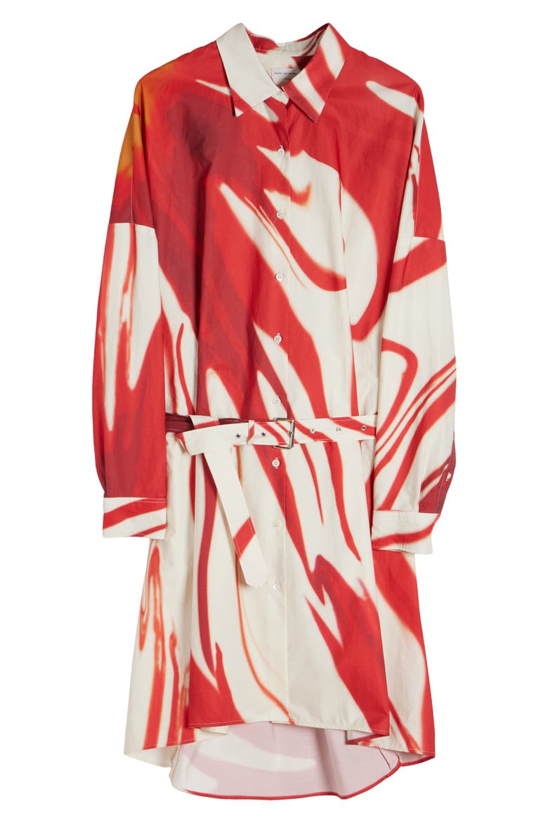 Dindi Print Belted Long Sleeve Cotton Poplin Shirtdress, Alternate, color, RED