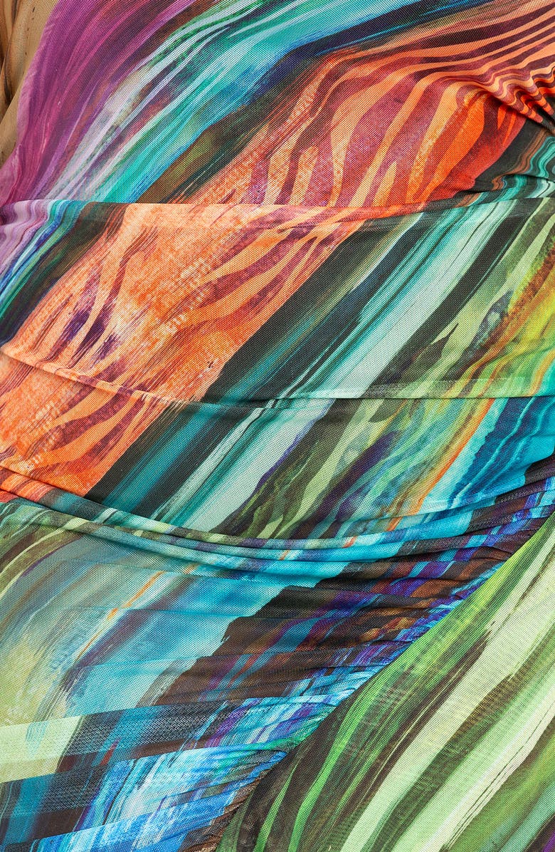 BUXOM COUTURE Print Asymmetric Long Sleeve Mesh Midi Dress, Alternate, color, Multi