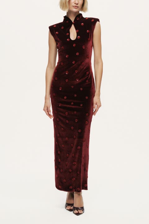 Mandarin-Collar Velvet Midi Dress