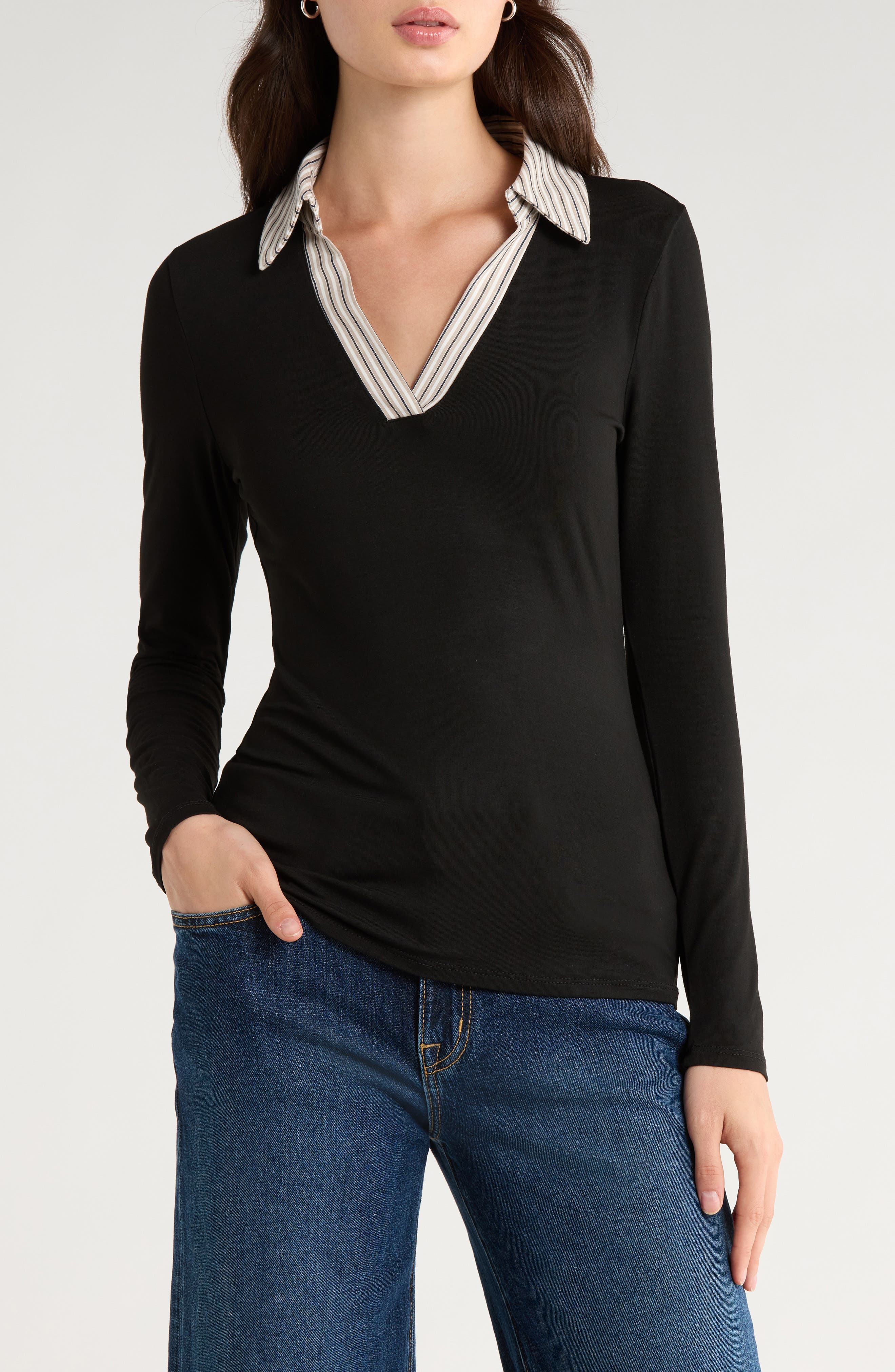 CeCe Mixed Media Long Sleeve Polo