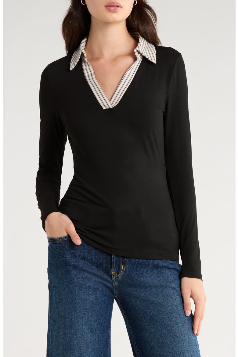 Mixed Media Long Sleeve Polo, Main, color, RICH BLACK