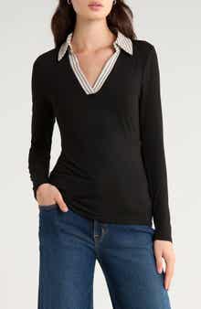 CeCe Mixed Media Long Sleeve Polo