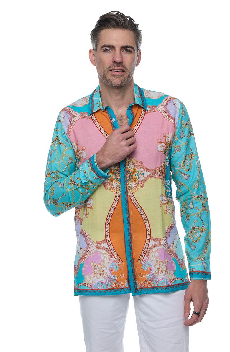 RANEES Linen & Cotton Long Sleeve Resort Shirt, Alternate, color, Blue/ Green