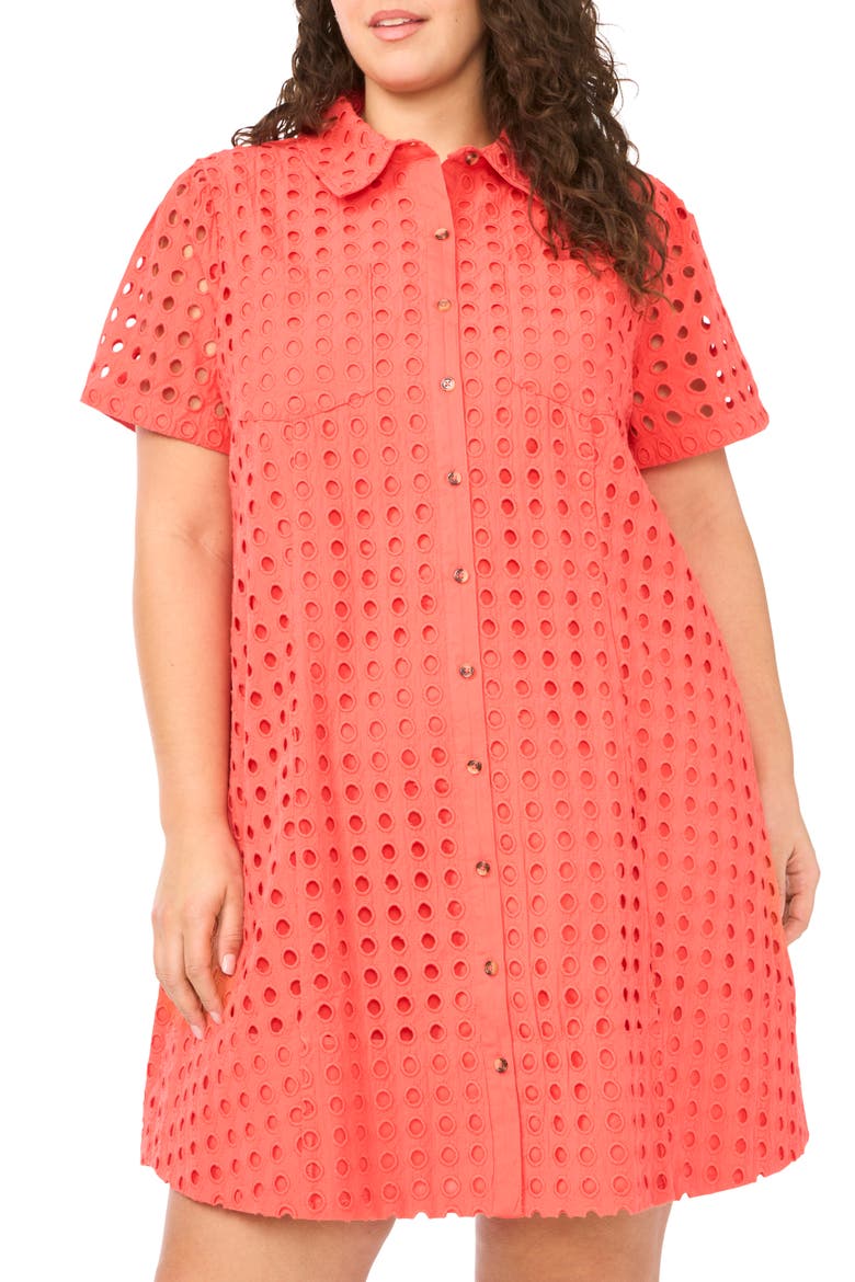 Eyelet Short Sleeve Cotton Shirtdress, Alternate, color, CAYENNE