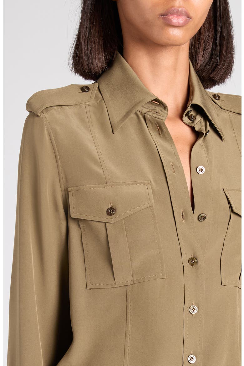 Silk crêpe de Chine Military Shirt, Alternate, color, FG501 KHAKI
