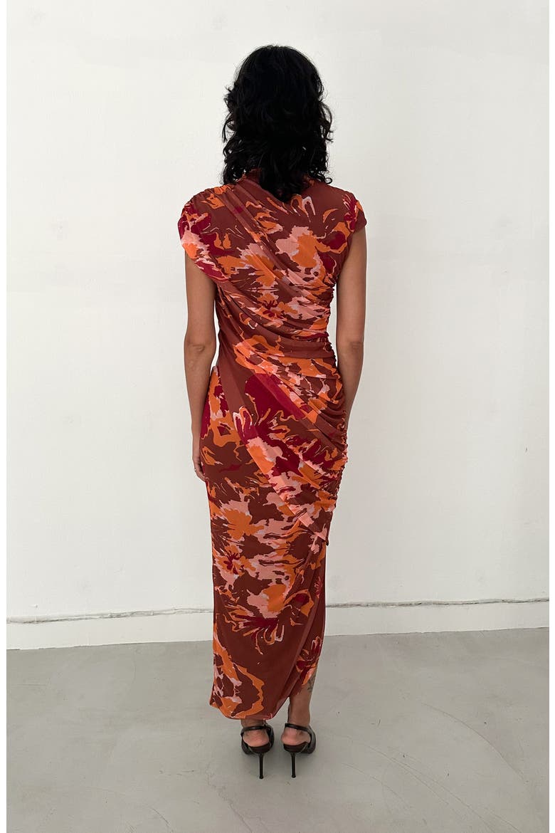 Lyra Printed Draped Mesh Dress, Alternate, color, Brown Print