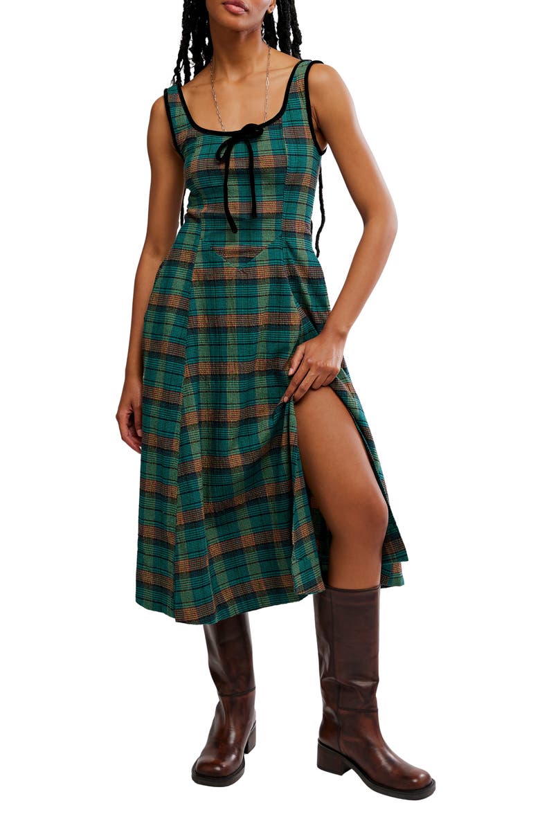Free People Freya Plaid Bow Midi Dress, Main, color, Kelly Green Combo