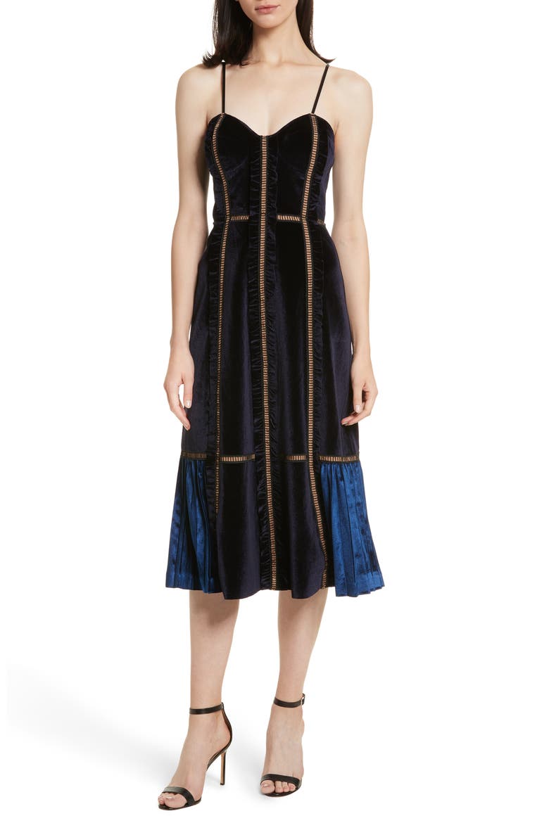 Paneled Velvet Midi Dress, Main, color, MIDNIGHT BLUE