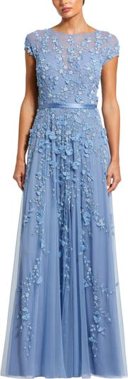 Mac Duggal Women's Floral Embellished Short Sleeve Mesh Gown - Blue - Size 10 - Sky Blue