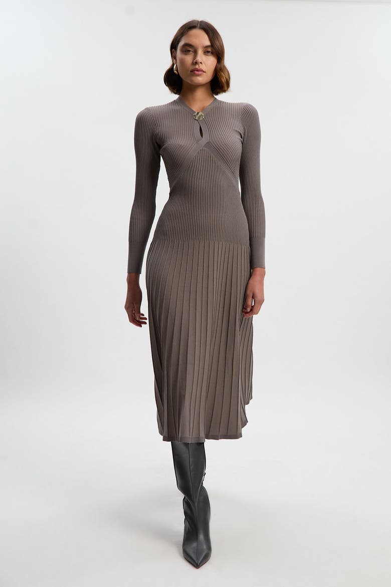 Rib Knit Trim Full Skirt Midi Dress, Alternate, color, Grey