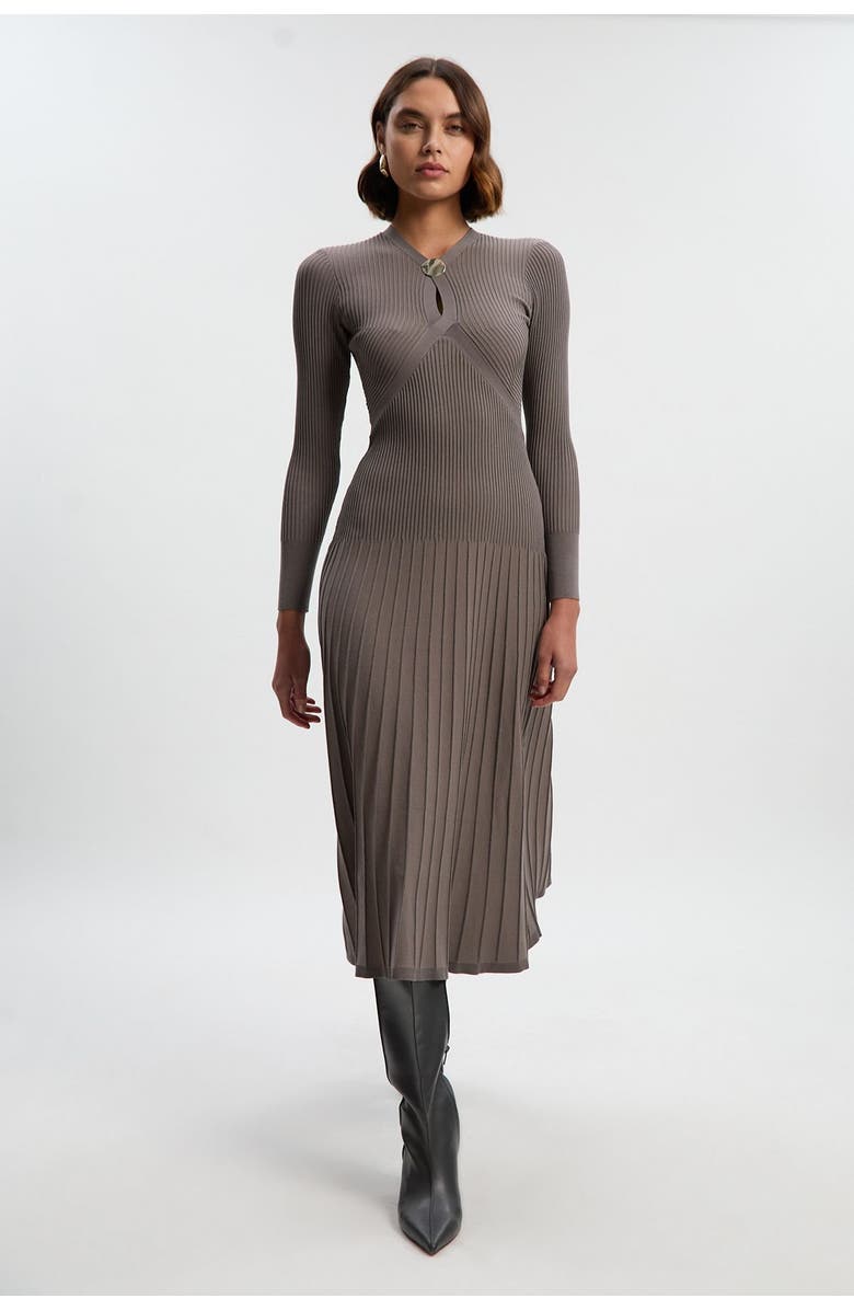 Karen Millen Rib Knit Trim Full Skirt Midi Dress, Alternate, color, Grey