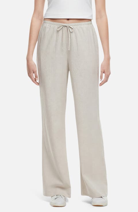Drawstring Linen Blend Wide Leg Pants