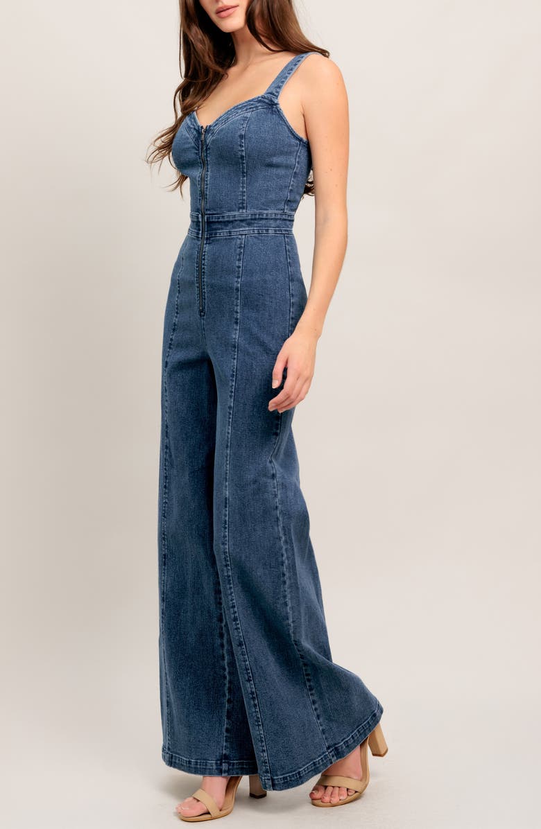 FLYING TOMATO Denim Wide Leg Jumpsuit, Alternate, color, Medium Indigo