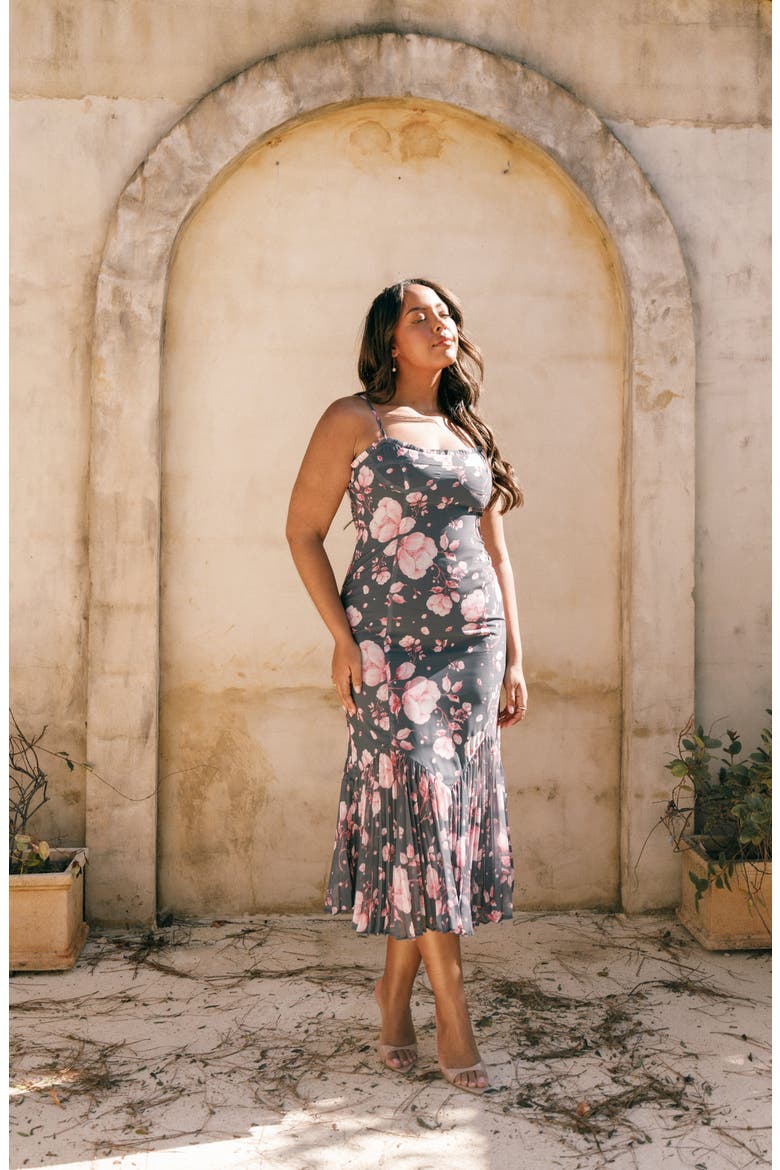 Ashton Pleated Hem Midi Dress, Alternate, color, STEEL GRAY FLORAL