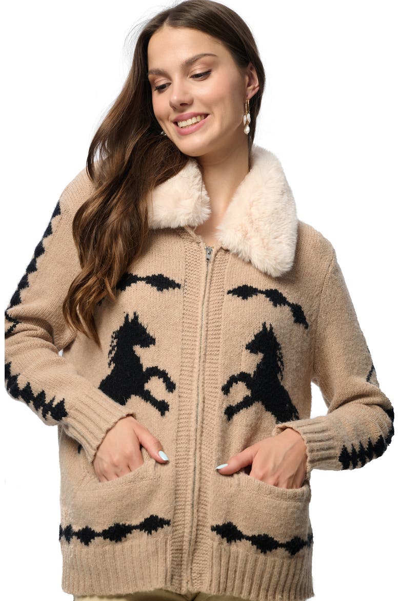 Horse Motif Cardigan with Faux Fur Collar, Alternate, color, BEIGE