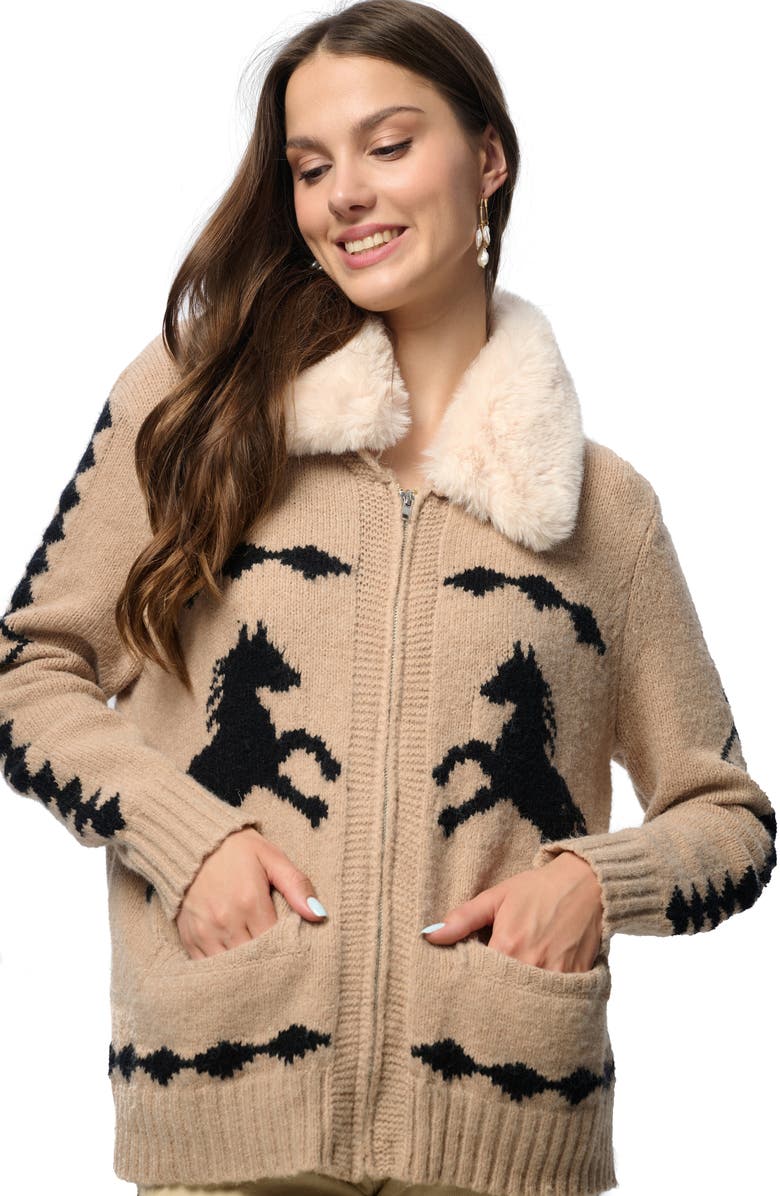 SAACHI Horse Motif Cardigan with Faux Fur Collar, Alternate, color,