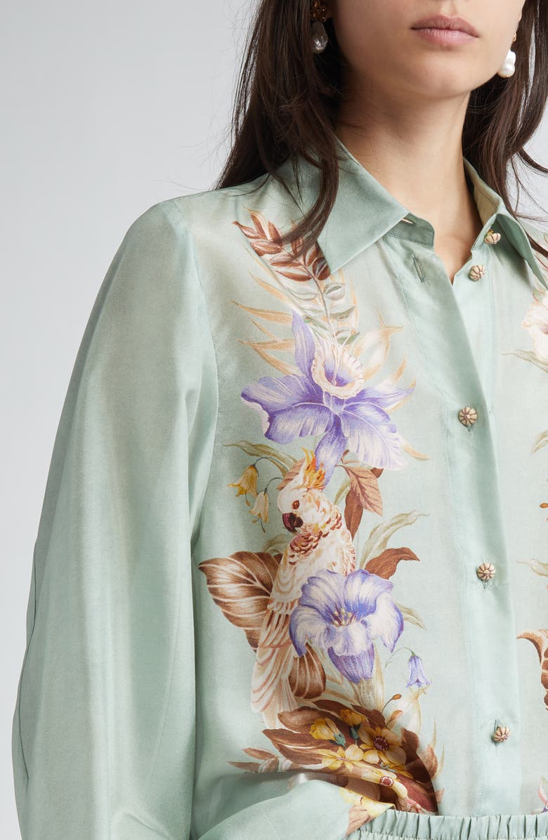 Zimmermann Coco Placed Print Silk Button-Up Shirt, Alternate, color, Sage Multi Floral