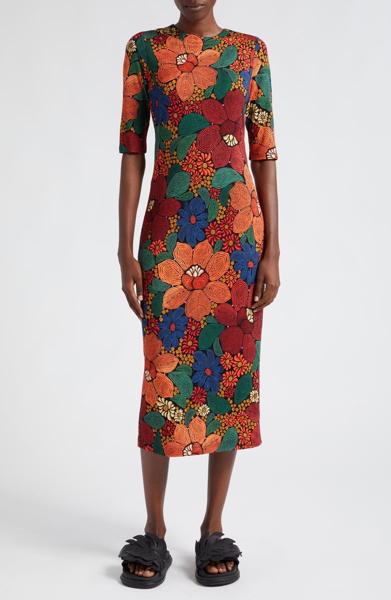 FARM Rio Stitched Flowers Print Midi Dress, Main, color,