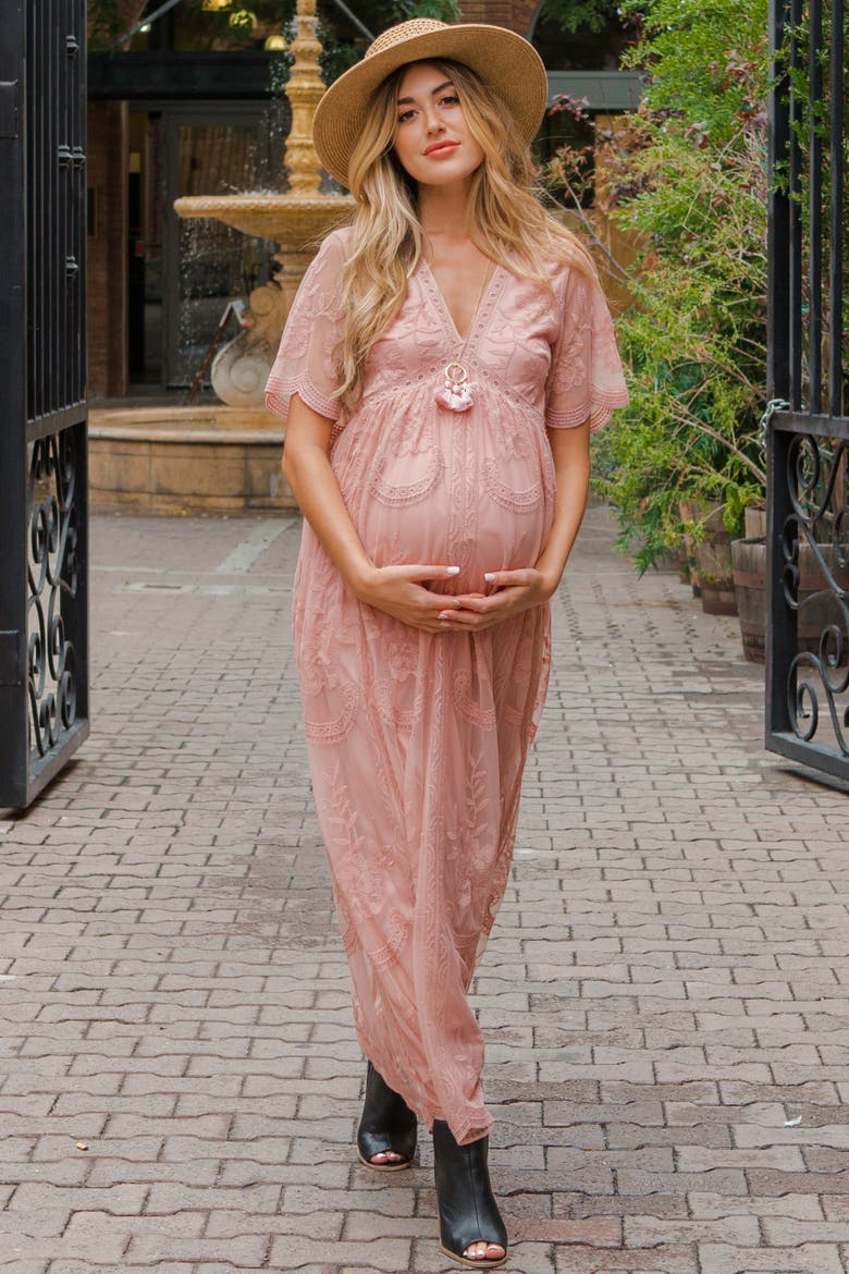Lace Mesh Overlay Maternity Maxi Dress, Alternate, color, Light Pink
