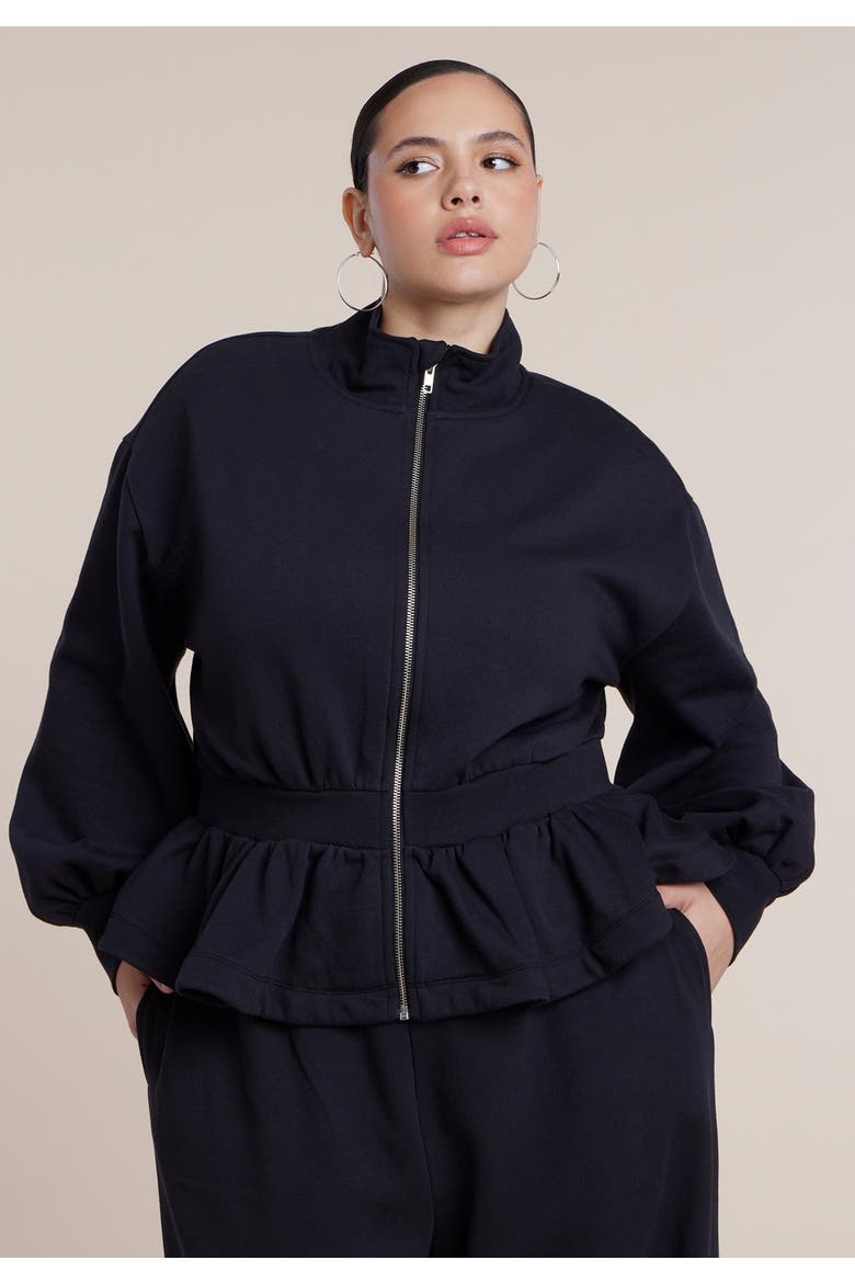 Cinched Zip Front Peplum Sweatshirt, Alternate, color, BLACK ONYX