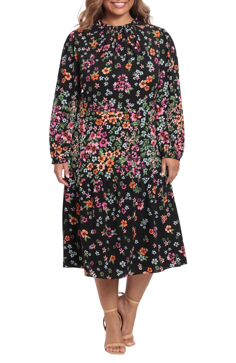 Maggy London Floral Long Sleeve Fit & Flare Midi Dress, Main, color, 