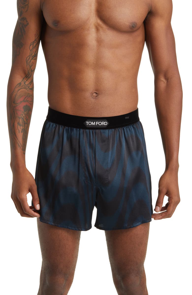TOM FORD Peacock Print Stretch Silk Boxers, Main, color,