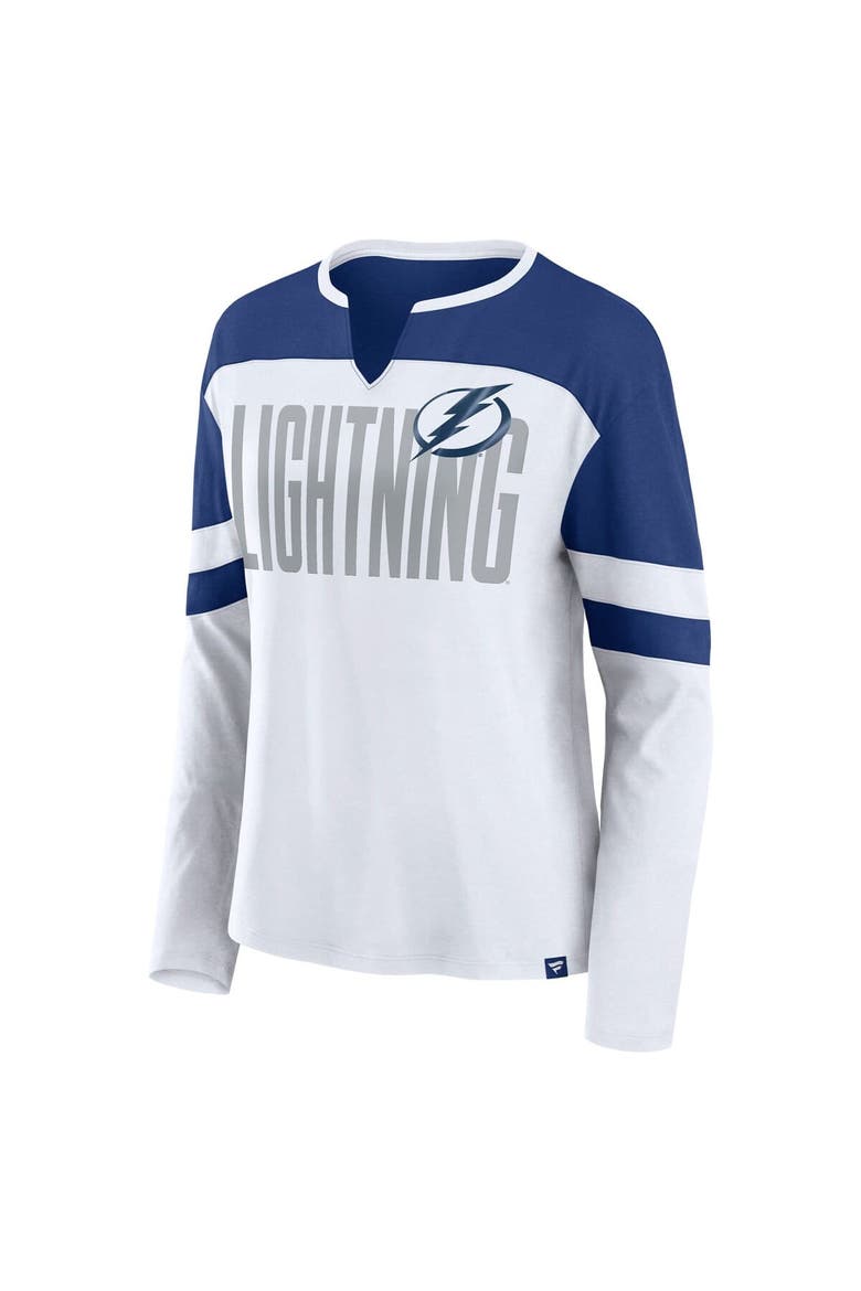 Women's Fanatics White/Blue Tampa Bay Lightning Frozen Long Sleeve Notch Neck T-Shirt, Alternate, color, White