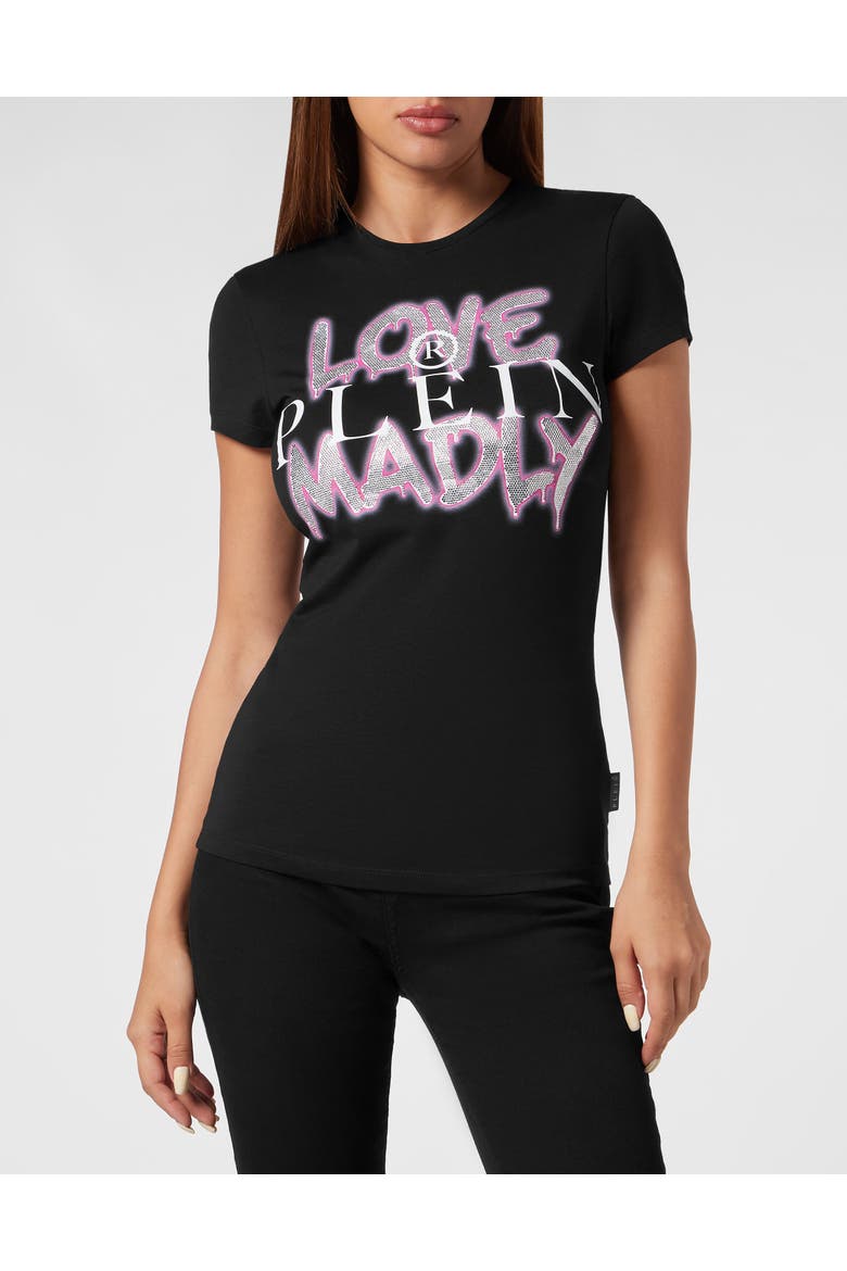 T-Shirt Sexy Pure With Crystals Women, Main, color, Black/Fuxiafluo