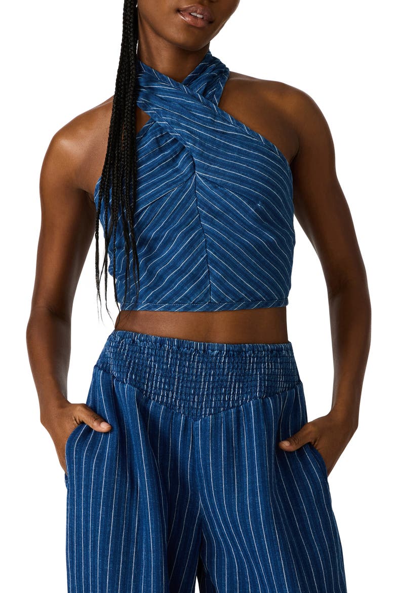 Winnie Stripe Cotton & Linen Crop Top, Main, color, MIXED INDIGO