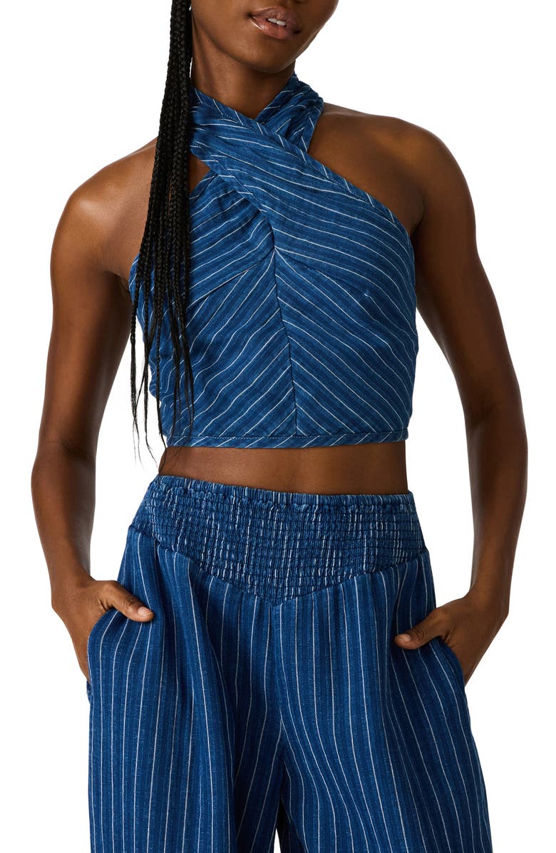 Steve Madden Winnie Stripe Cotton & Linen Crop Top, Main, color, Mixed Indigo