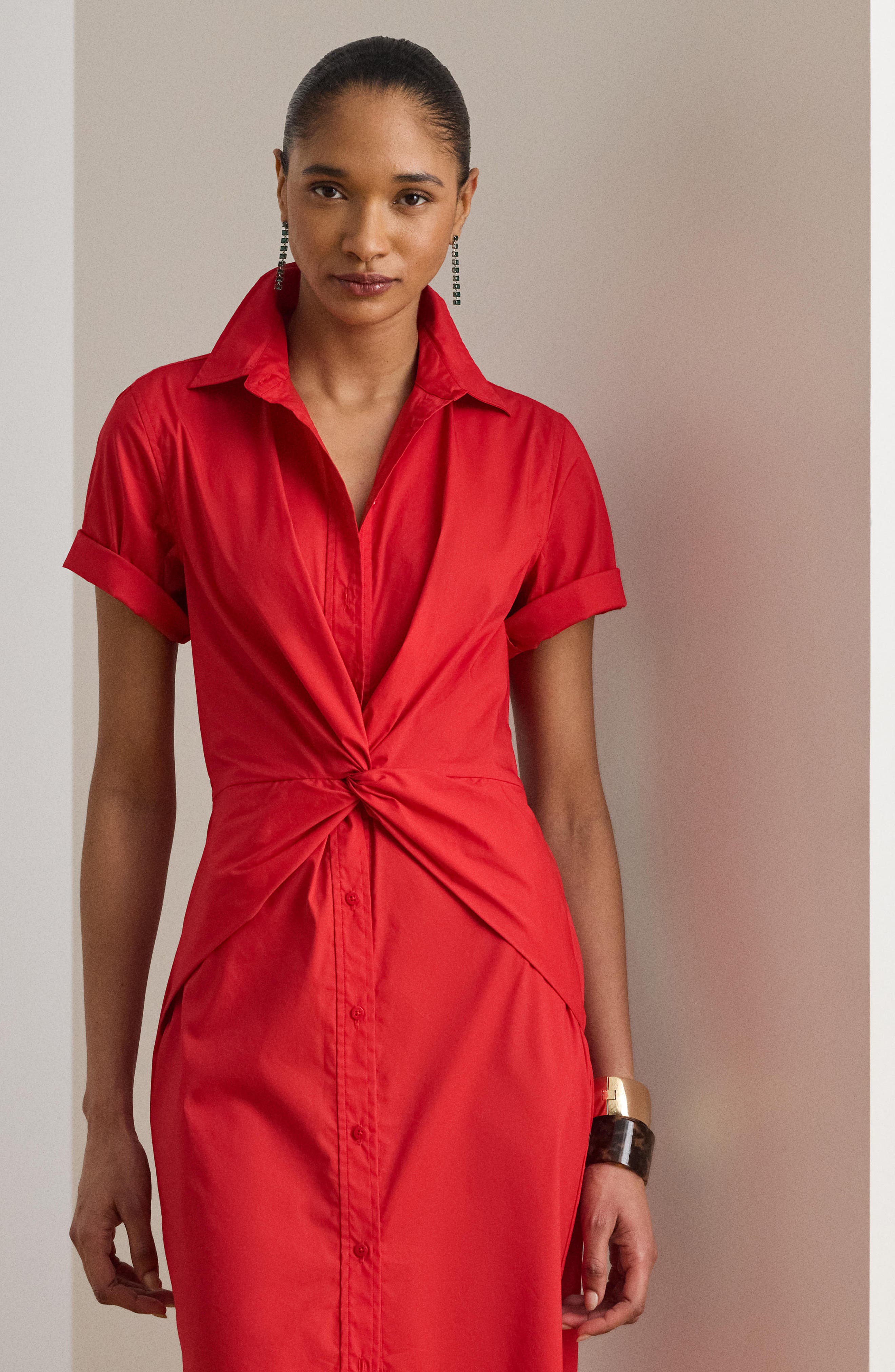 ralph lauren cotton blend shirt dress Lauren Ralph Lauren Silky Cotton-Blend Point Collar Long Roll-Tab Sleeve Button-Front Belted Shirt Dress