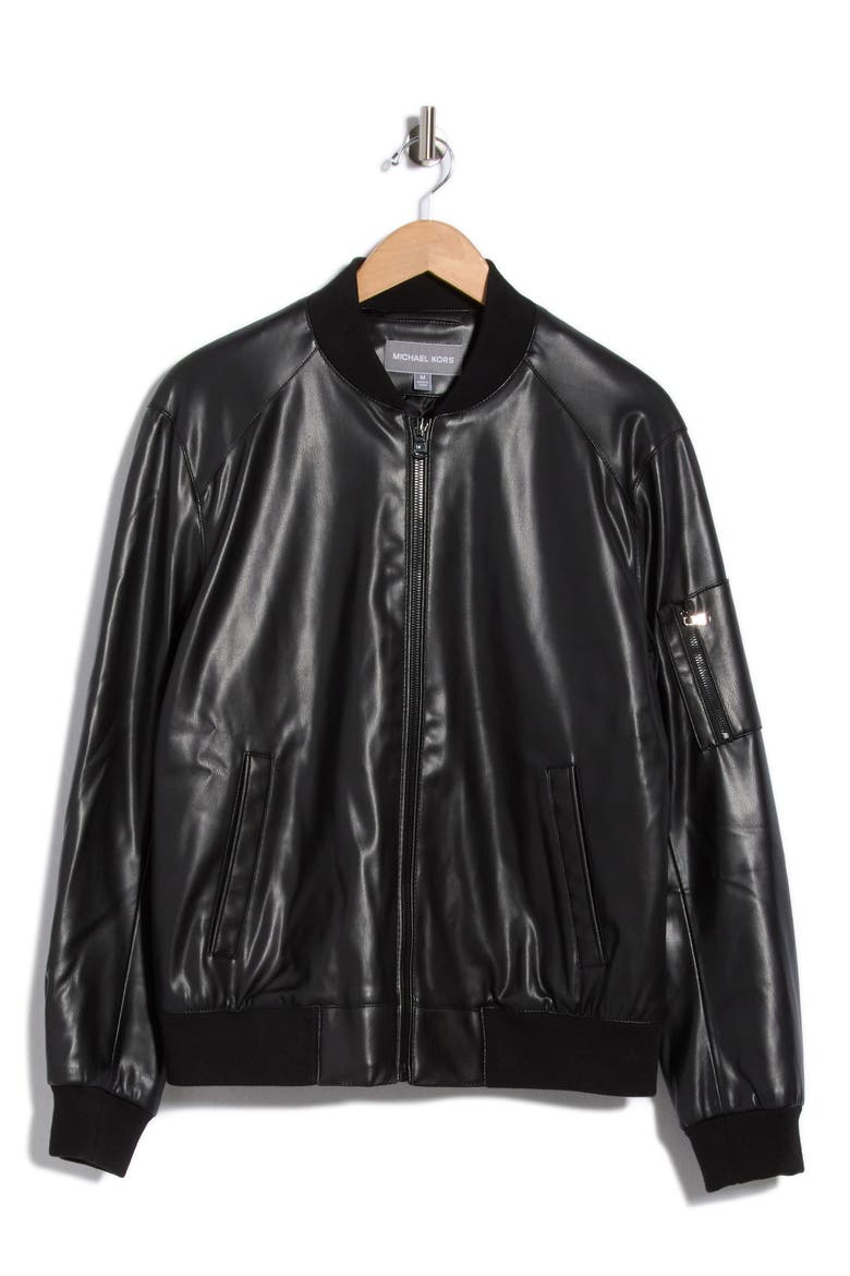 Faux Leather Bomber Jacket, Main, color, BLACK