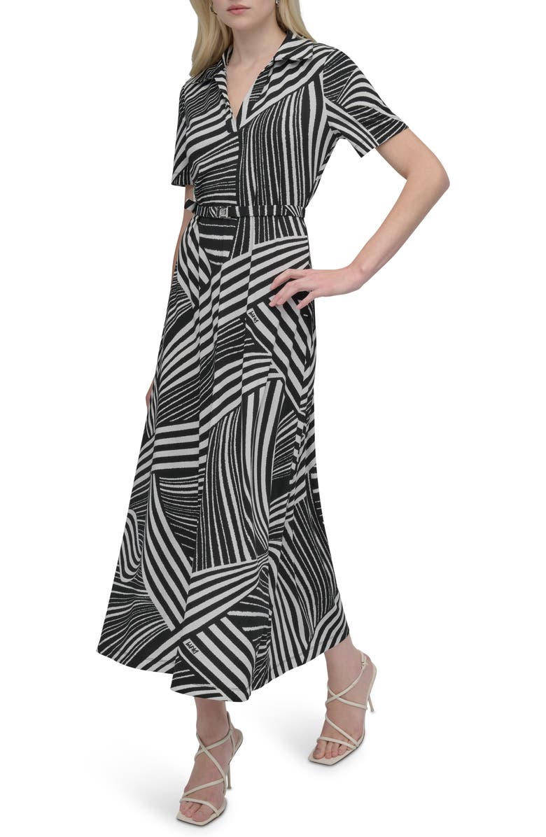 DKNY Short Sleeve Belted Maxi Dress, Alternate, color, Black/ Ivory