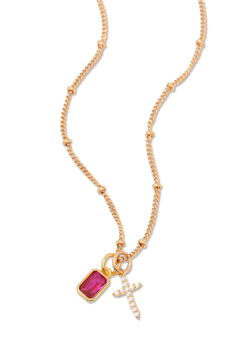 Josephine Cross & Birthstone Pendant Necklace, Alternate, color, GOLD JULY