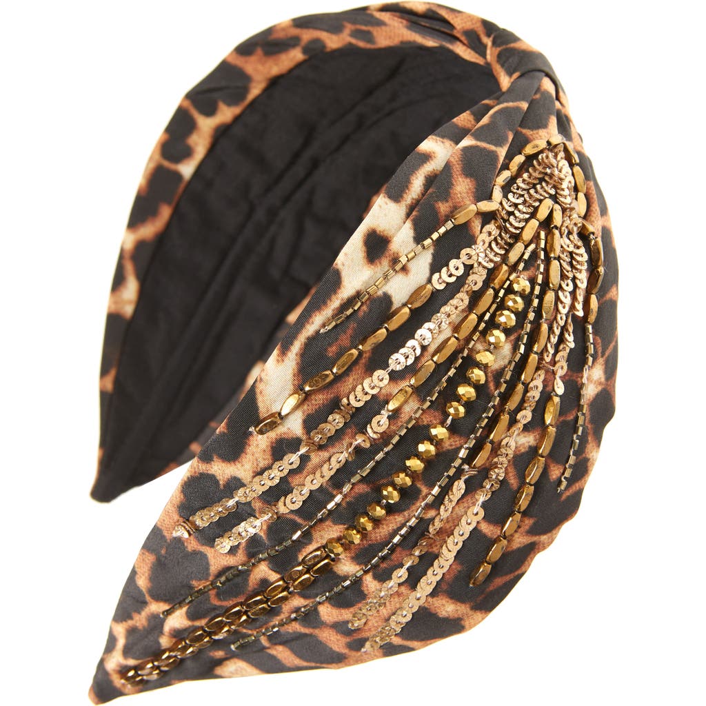 Namjosh Beaded Leopard Print Headband In Brown