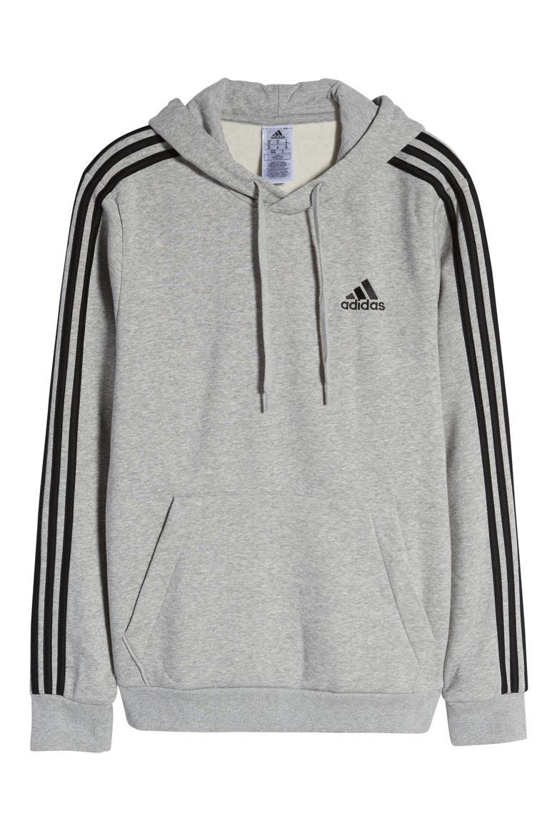 Essential Fleece 3-Stripes Pullover Hoodie, Alternate, color, MEDIUM GREY HEATHER/BLACK