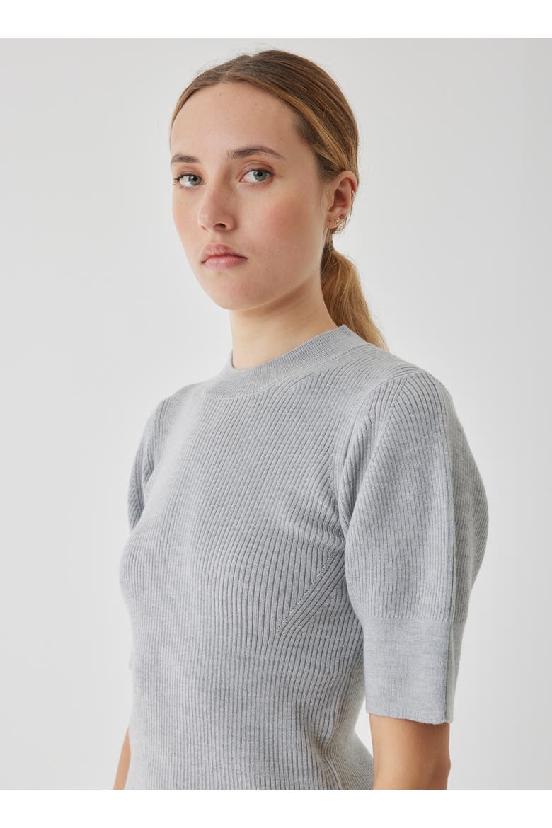 Compact Merino Mini Rib Short Sleeve Crewneck, Alternate, color, GRIS CHINE CLAIR