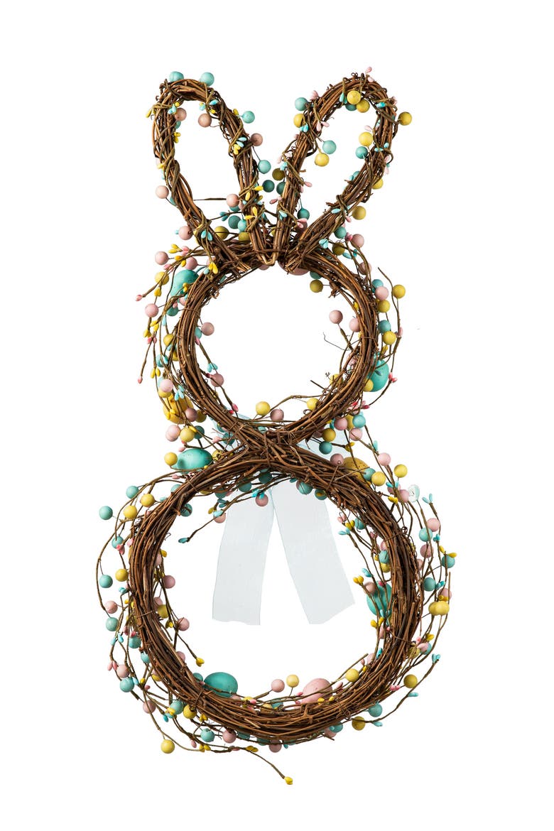 Easter Bunny Shaped Wreath with Eggs & Satin Ribbon Bow, Alternate, color, Blue