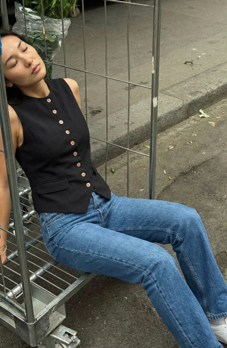 Modenaire Longline Button Front Tailored Vest, Alternate, color, Black