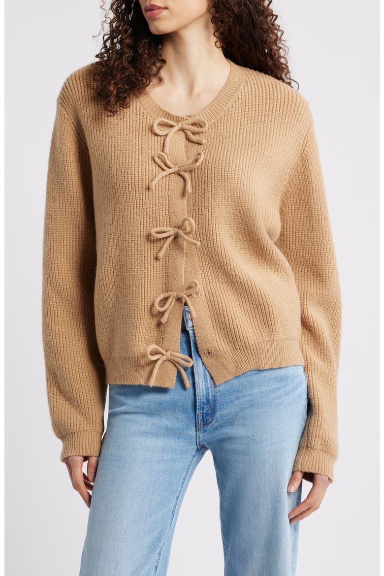 Wilde Bow Front Cardigan, Main, color, CAMEL