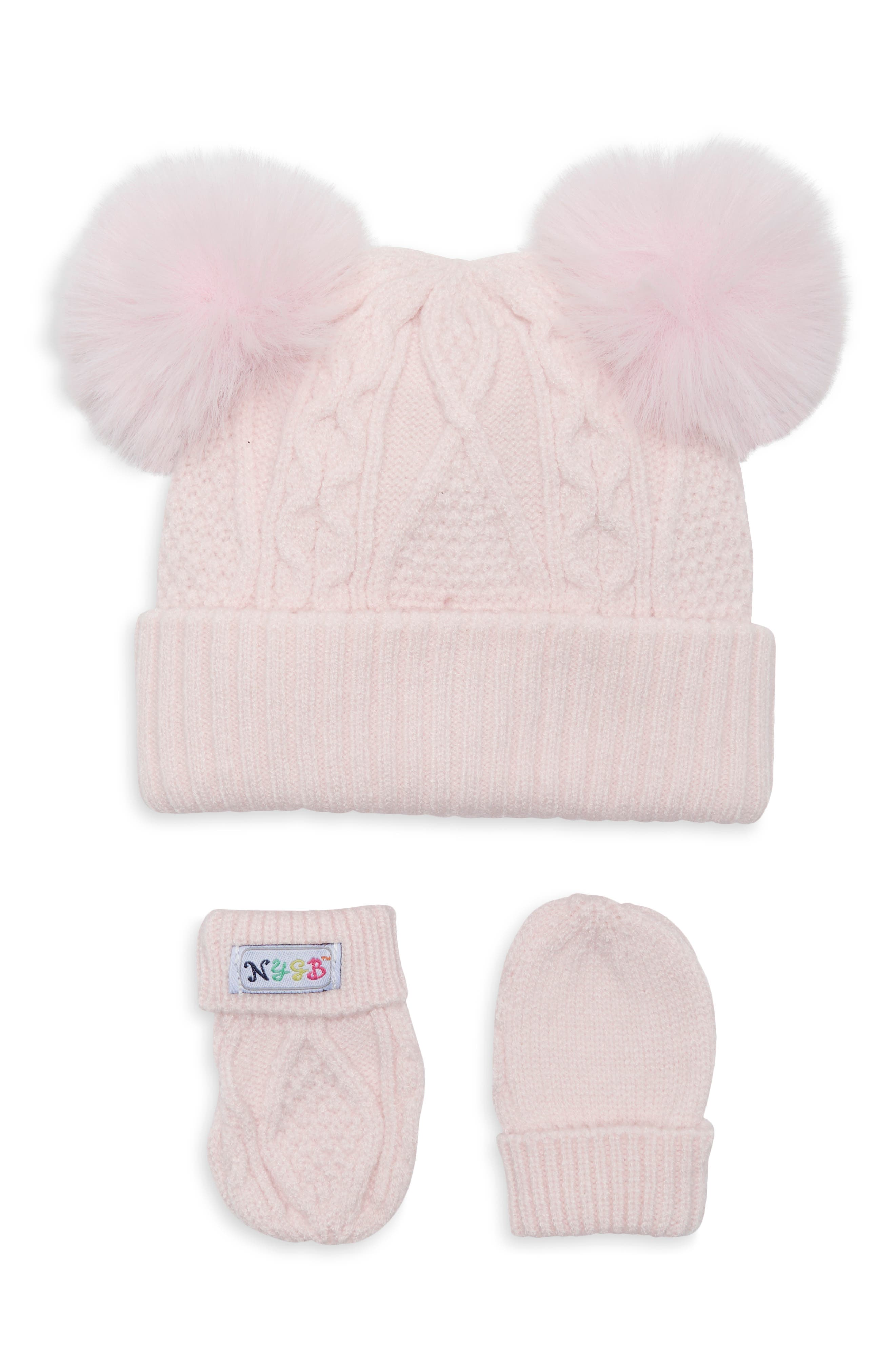 Kids' Double Pom Cable Knit Beanie & Mittens Set