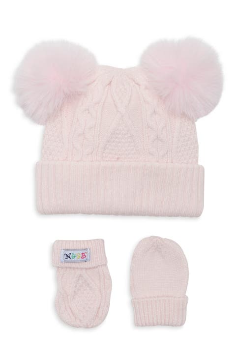 Kids' Double Pom Cable Knit Beanie & Mittens Set