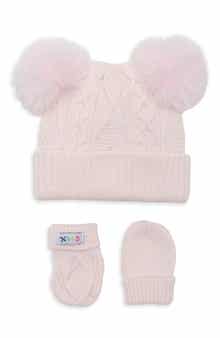 Kids' Double Pom Cable Knit Beanie & Mittens Set