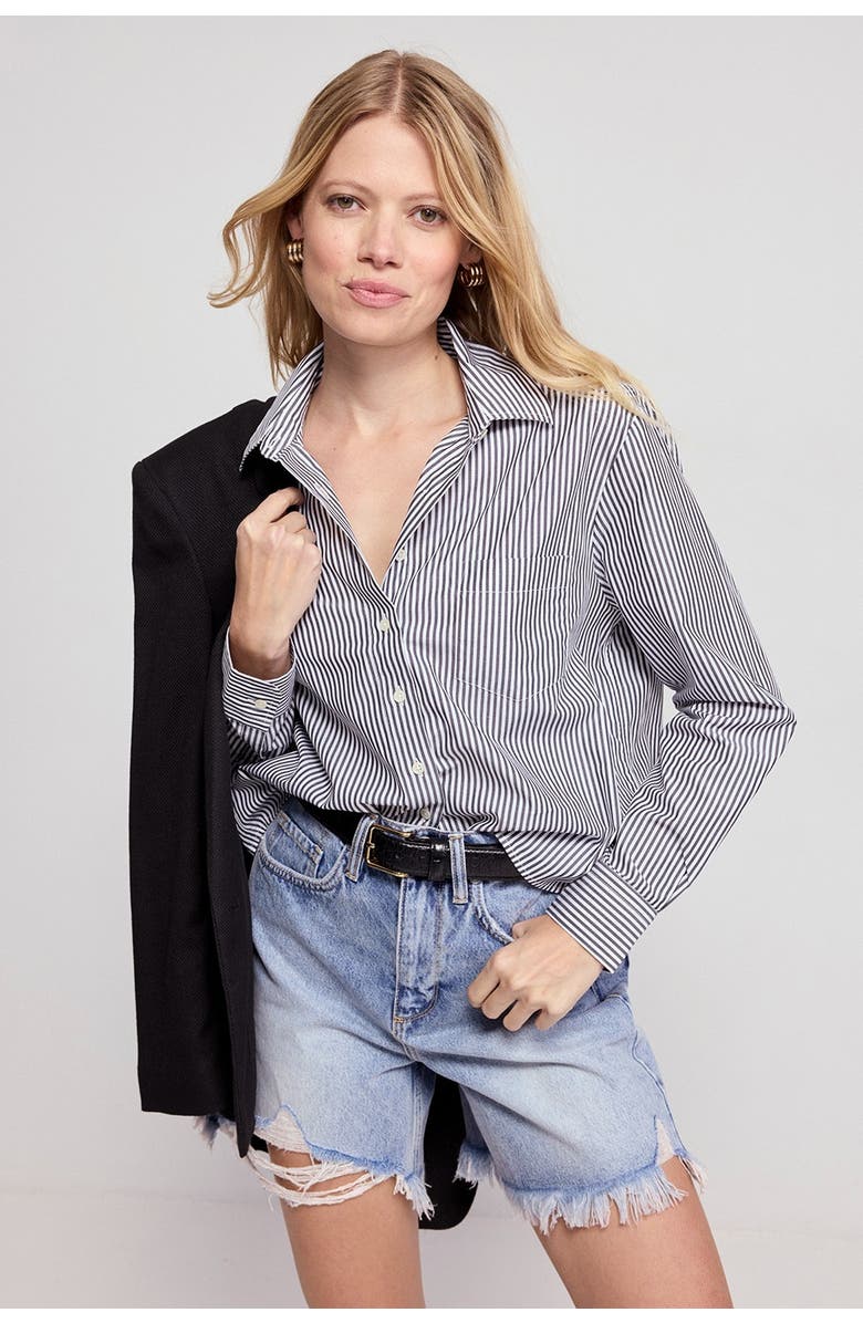 The Shirt by Rochelle Behrens The Long Sleeve Boxy Crop Shirt, Main, color, Black/White Stripe