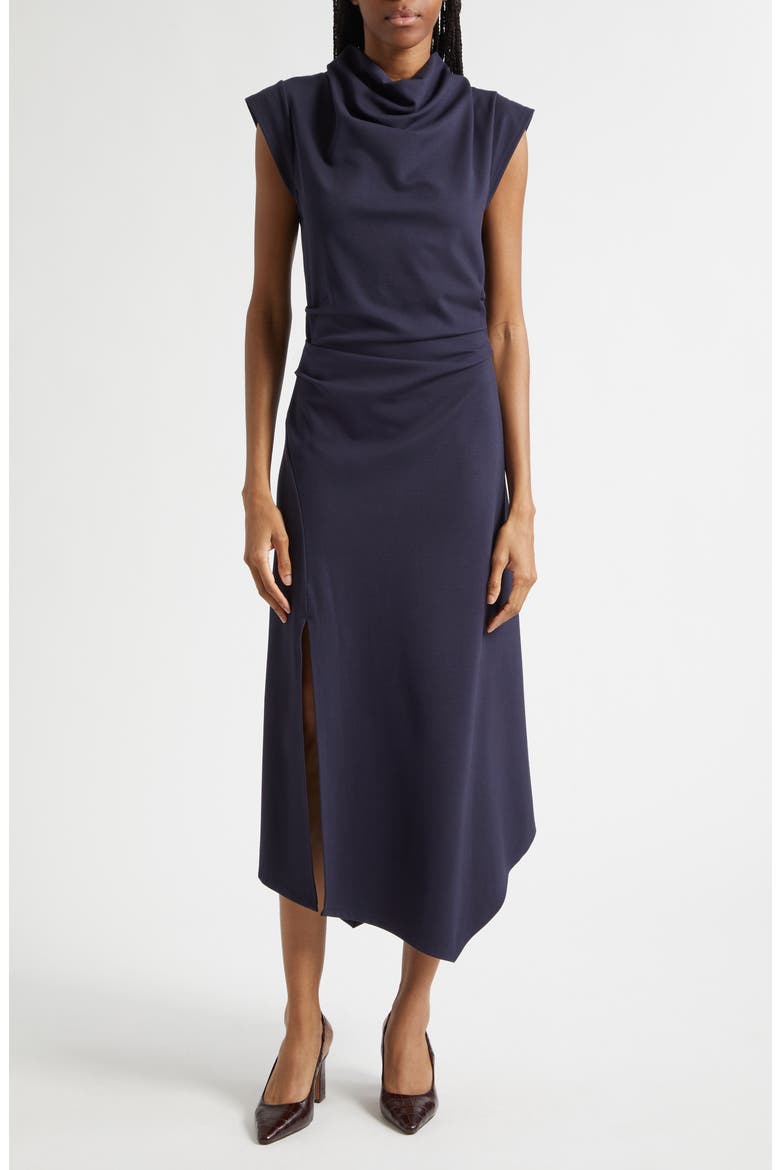 Harlan Ruched Cowl Neck Midi Dress, Main, color, NAVY
