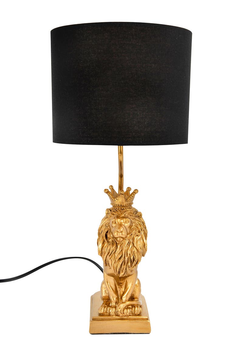 Resin Lion Table Lamp with Black Linen Shade, Gold Finish, Main, color, Gold