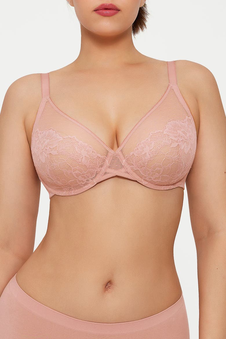 Lightweight Underwire Minimizer Lace Mesh Bra, Alternate, color, Blush