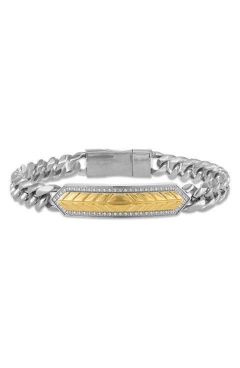 Men's Two-Tone Diamond Geometric Bar Curb Chain Bracelet