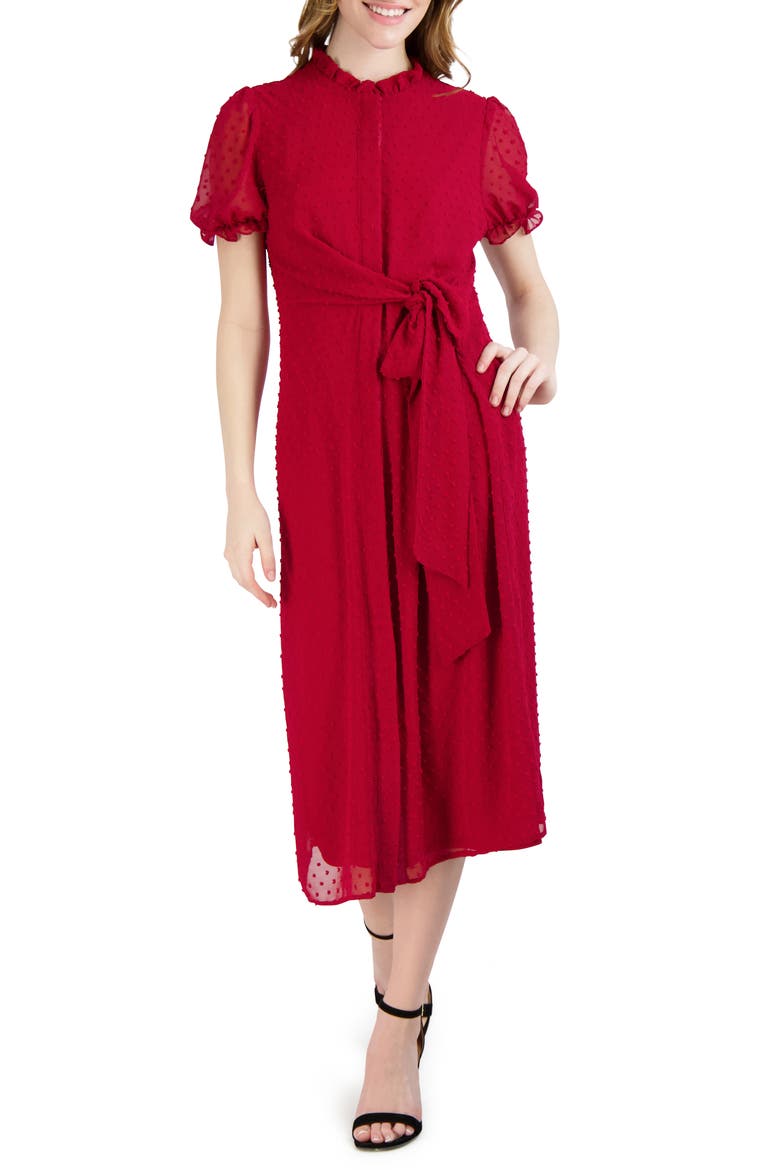 Swiss Dot Ruffle Tie-Front Midi Dress, Main, color, CRANBERRY