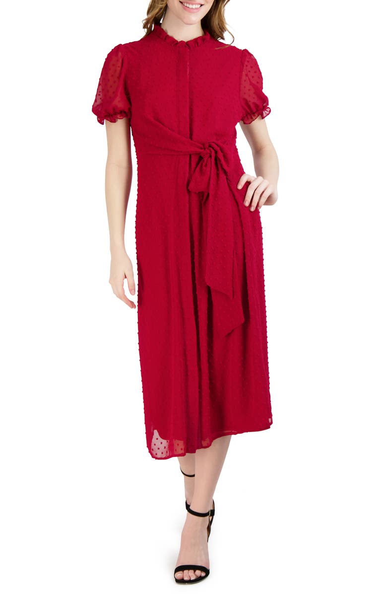 Julia Jordan Swiss Dot Ruffle Tie-Front Midi Dress, Main, color, Cranberry